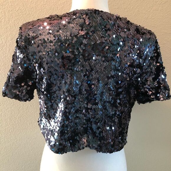 Forever 21 L Cropped Blue Sequin Evening Club Holiday Sexy Short Sleeve Top - Picture 5 of 7